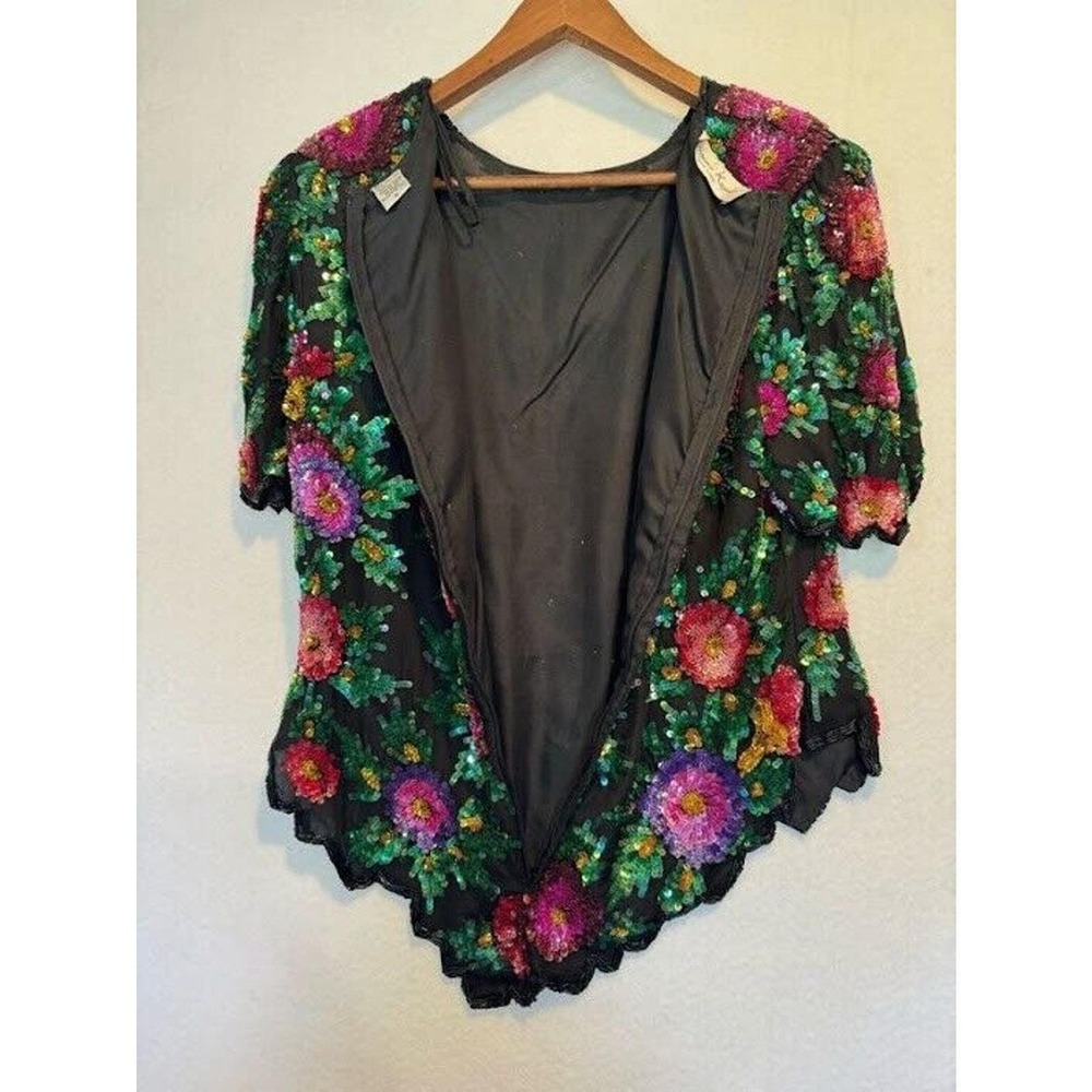 Laurence Kazar Beaded Top Womens‎ Size PM Silk Floral Vintage Zip Up - Picture 10 of 15